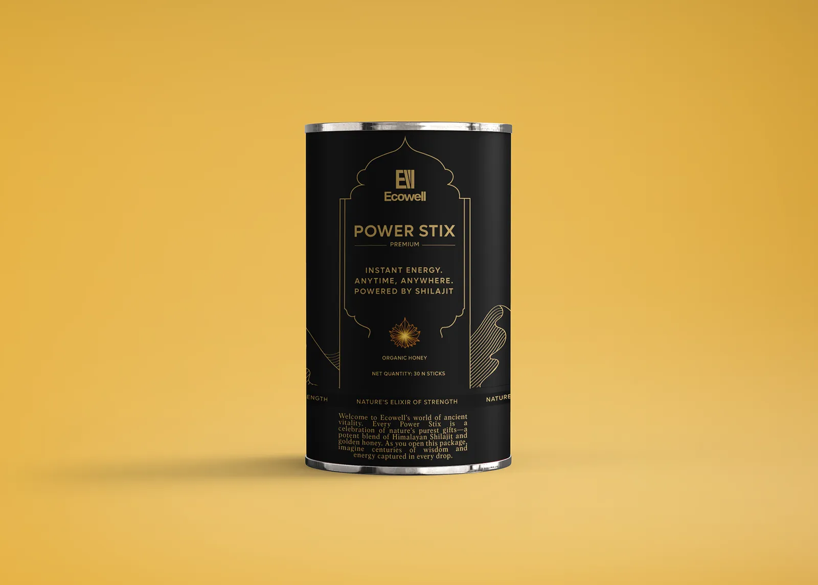 Power Stix Black Metal Cylinder on Yellow Background